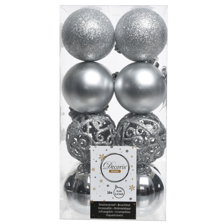 16x Kunststof kerstballen mix zilver 6 cm kerstboom versiering/decoratie