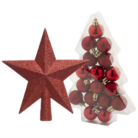 17x stuks kerstballen 3 cm inclusief ster piek rood kunststof