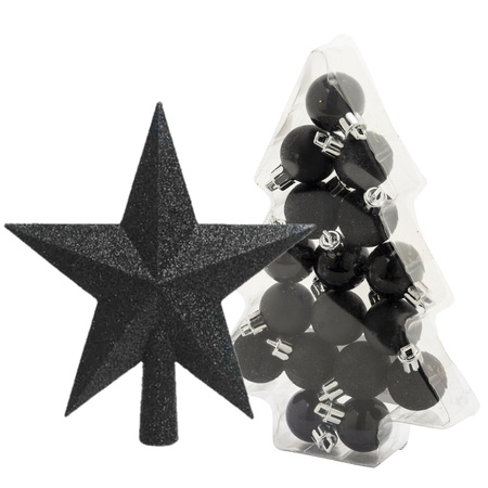 17x stuks kerstballen 3 cm inclusief ster piek zwart kunststof