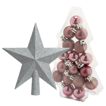 17x stuks kerstballen roze 3 cm inclusief ster piek zilver kunststof