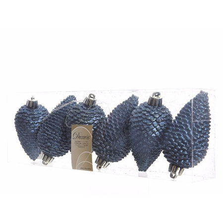 18x Dark blue pinecones Christmas baubles 8 cm plastic glitter