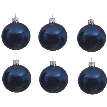 18x Glazen kerstballen glans donkerblauw 8 cm kerstboom versiering/decoratie