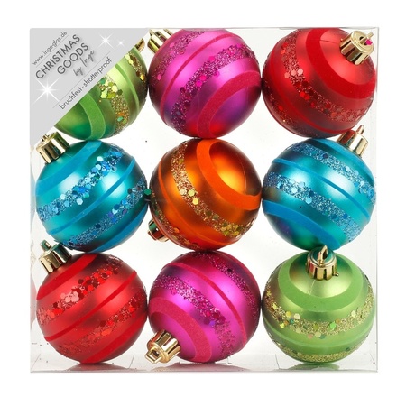 18x Kunststof gekleurde kerstballen glitter 6 cm