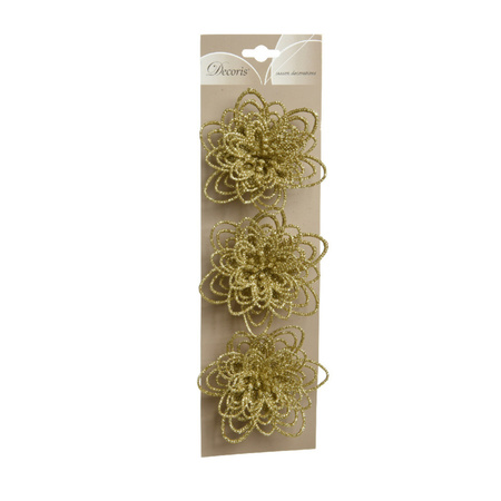 18x decoration flowers on clips gold glitter 11 cm