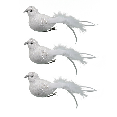 18x decoration birds on clips glitter white 18 cm