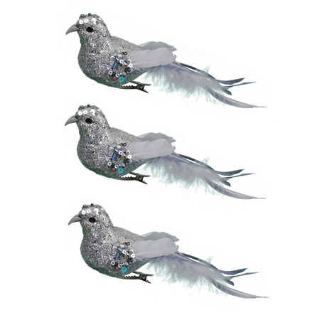 18x decoration birds on clips glitter silver 16 cm