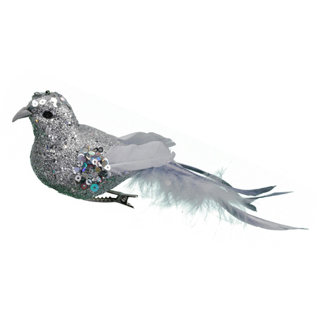18x stuks decoratie vogels op clip glitter zilver 16 cm