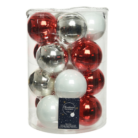 18x stuks glazen kerstballen wit, rood en zilver glans 8 cm