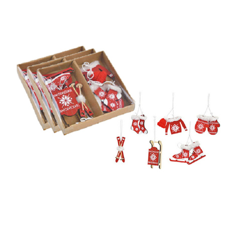 18x stuks houten kersthangers rood/wit wintersport thema kerstboomversiering