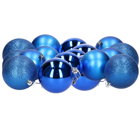 18x stuks kerstballen blauw mix van mat/glans/glitter kunststof 8 cm