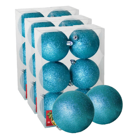 18x stuks kerstballen ijsblauw glitters kunststof 8 cm