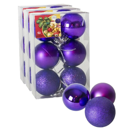 18x stuks kerstballen paars mix van mat/glans/glitter kunststof 4 cm