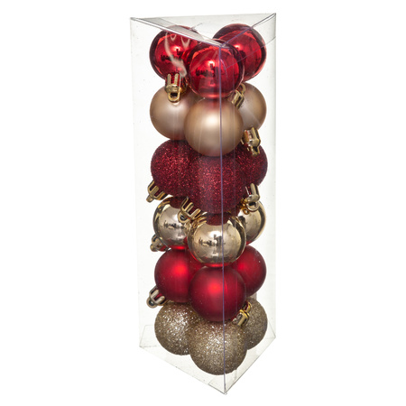 18x stuks kerstballen rood/goud glans en mat kunststof 3 cm