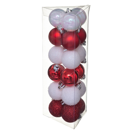 18x stuks kerstballen wit/rood glans en mat kunststof 3 cm