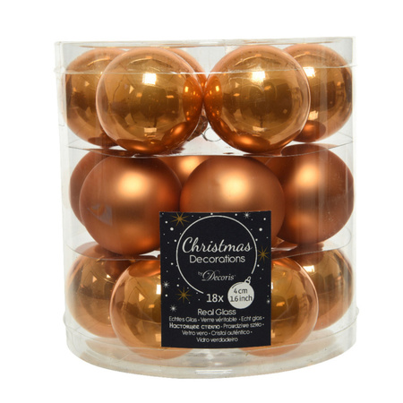 18x stuks kleine glazen kerstballen cognac bruin (amber) 4 cm mat/glans