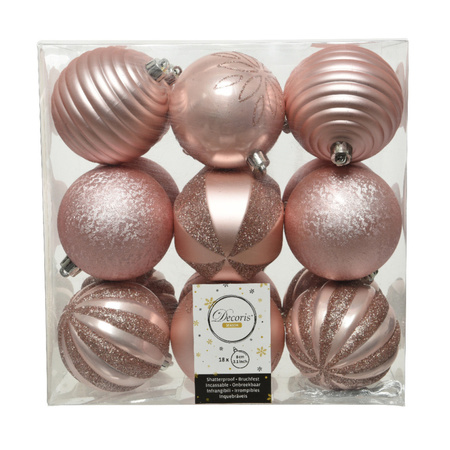 18x Plastic christmas baubles light (blush) pink 8 cm mix