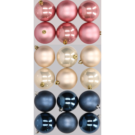 18x Christmas baubles mix dark blue, champagne and blush pink 8 cm plastic matte/shiny