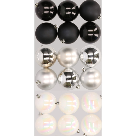 18x Christmas baubles mix black, pearlescent white and silver 8 cm plastic matte/shiny