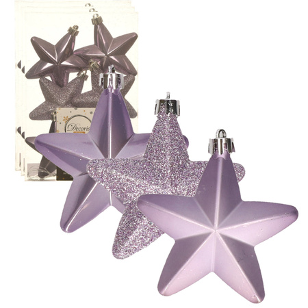 18x stuks kunststof sterren kersthangers heide lila paars 7 cm