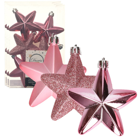 18x stuks kunststof sterren kersthangers lippenstift roze 7 cm