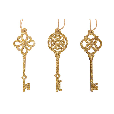 18x stuks sleutels kersthangers glitter goud van hout 10,5 cm kerstornamenten