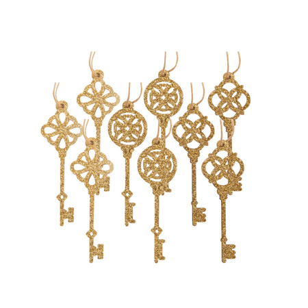 18x stuks sleutels kersthangers glitter goud van hout 10,5 cm kerstornamenten