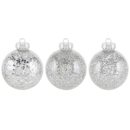 18x Glitter kerstballen zilver 8 cm kunststof kerstboom versiering/decoratie