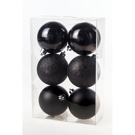 18x Kunststof kerstballen glanzend/mat zwart 8 cm kerstboom versiering/decoratie