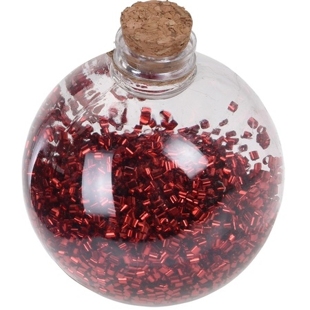 1x Bottle Christmas baubles red glitters 8 cm plastic