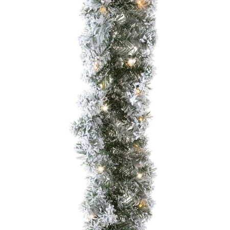 Groene Kerstdecoratie frosted dennenslinger met verlichting 270 cm