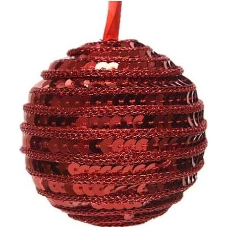 1x Kunststof kerstballen kerst rood 8 cm pailletten kerstboom versiering/decoratie