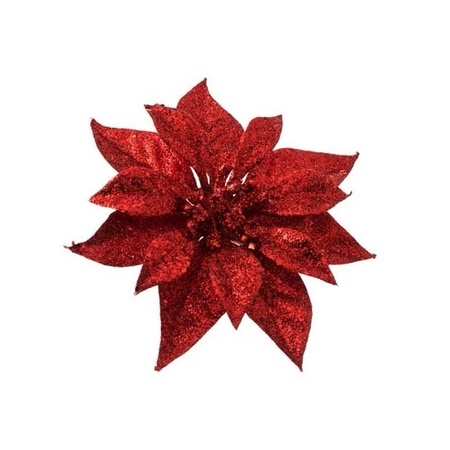Red poinsettia with glitter on clip 18 cm