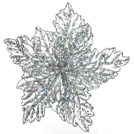 Christmas tree deco silver glitter poinsettia on clip 23 x 10 cm
