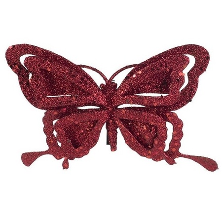 1x Kerstversieringen vlinder op clip glitter bordeaux rood 14 cm