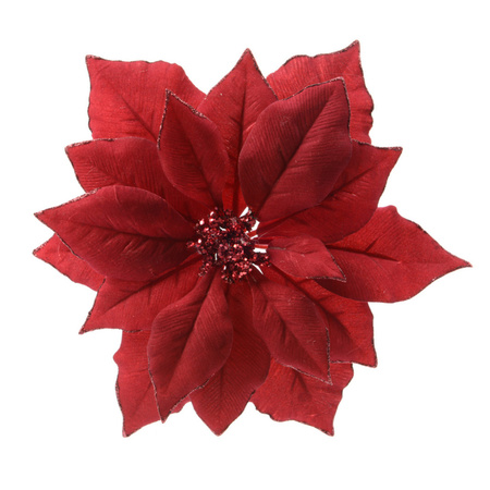 1x decoration flowers poinsettia on clips red glitter 24 cm