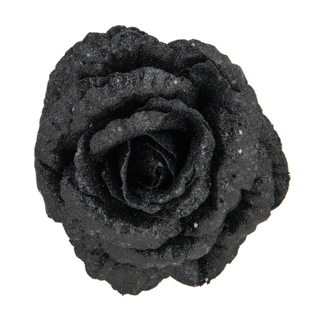 1x stuks decoratie bloemen roos zwart glitter op clip 15 cm