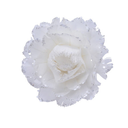 1x decoration flowers on clips white feather 11 cm