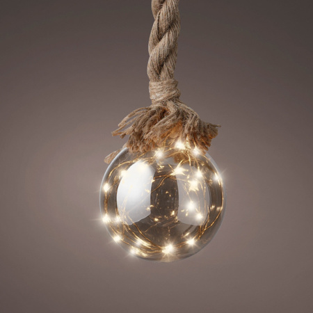 1x stuks verlichte glazen kerstballen aan touw met 15 lampjes zilver/warm wit 10 cm diameter