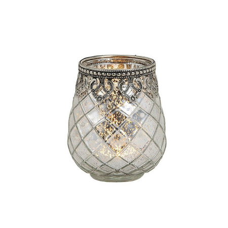 1x Tealight/candle holders smokey glass with metal details silver 10 x 9 cm