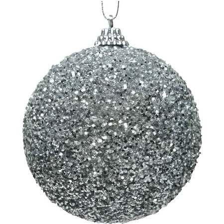 1x Kerstballen zilveren glitters 8 cm met kralen kunststof kerstboom versiering/decoratie