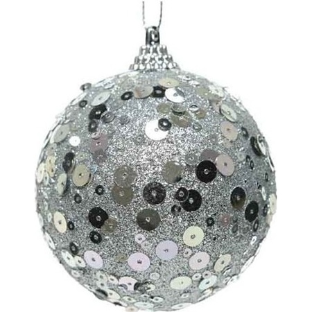 1x Kerstballen zilveren glitters 8 cm met pailletten kunststof kerstboom versiering/decoratie