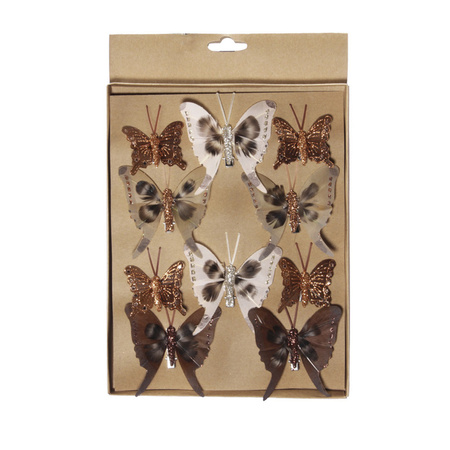 20x stuks decoratie vlinders op clip bruin tinten diverse maten
