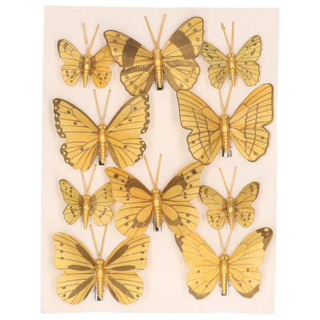 20x stuks decoratie vlinders op clip glimmend goud  7 x 5 cm / 4 x 3 cm