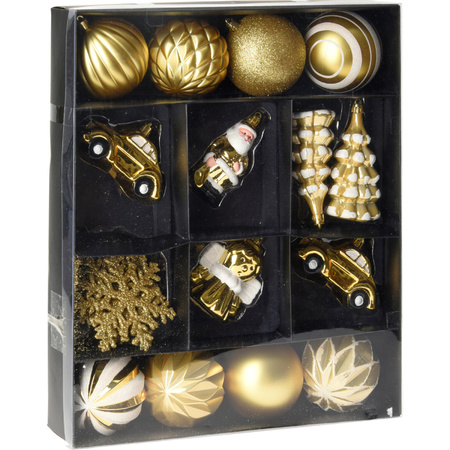 20x stuks kerstballen en kersthangers figuurtjes goud kunststof