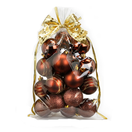 20x pcs plastic christmas baubles brown mix 6 cm in giftbag