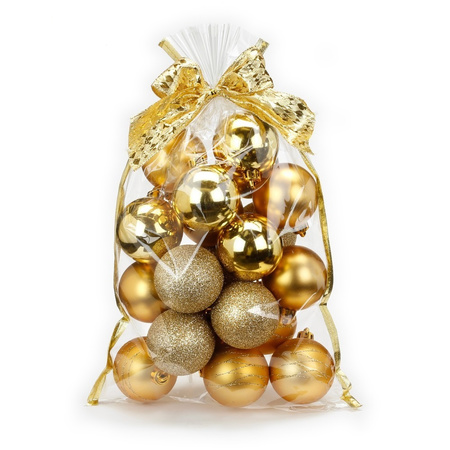 20x pcs plastic christmas baubles gold mix 6 cm in giftbag