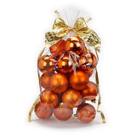 20x pcs plastic christmas baubles orange/copper mix 6 cm in giftbag