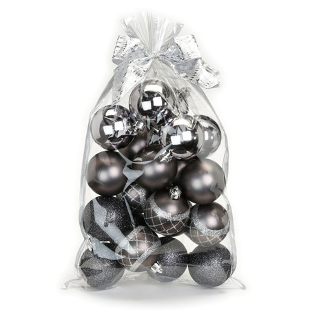 20x pcs plastic christmas baubles black/anthracite6 cm in giftbag
