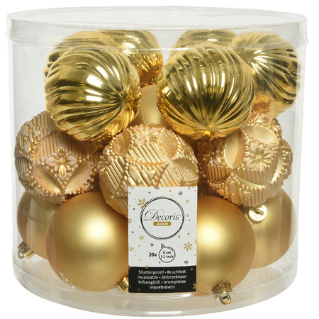 20x stuks luxe kunststof kerstballen goud mix 8 cm
