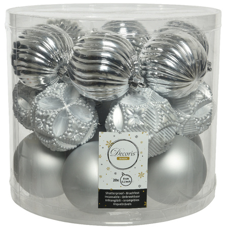 20x stuks luxe kunststof kerstballen zilver mix 8 cm